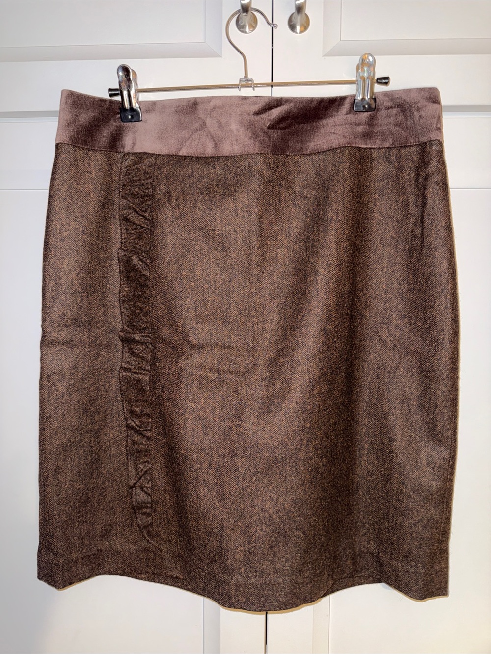 J. McLaughlin Chocolate Brown Wool-Blend Mini Skirt with Velvet Waistband Size 8